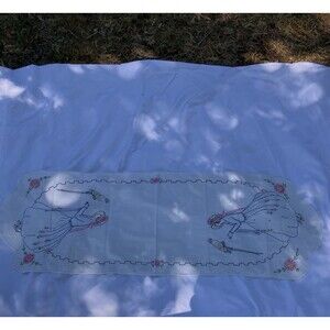 Vintage Hand Embroidered Table Runner Victorian Woman With Parrot 14X42"